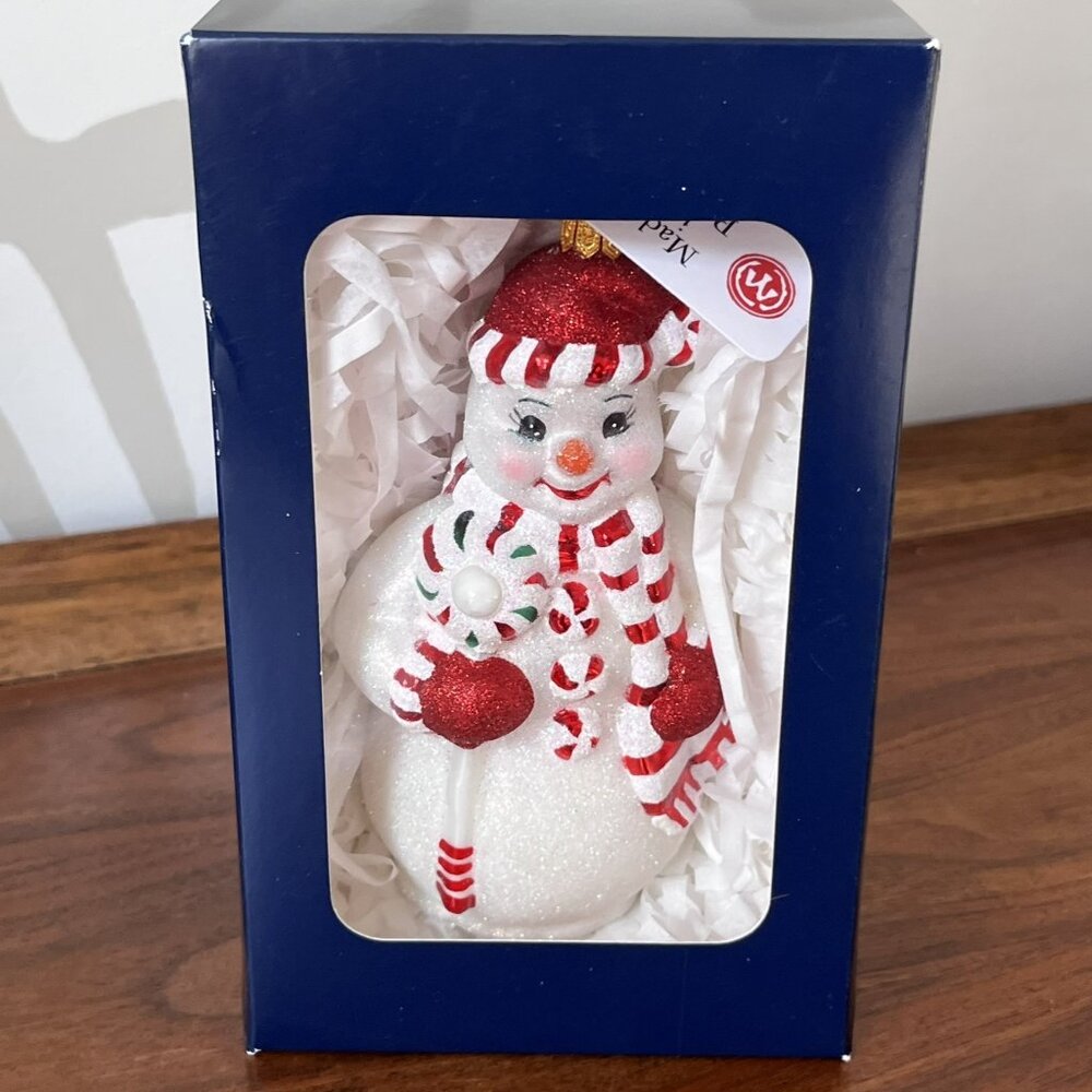 Mysteria Blown Glass Peppermint Blushing Snowman Ornament 2019 Handmade Poland
